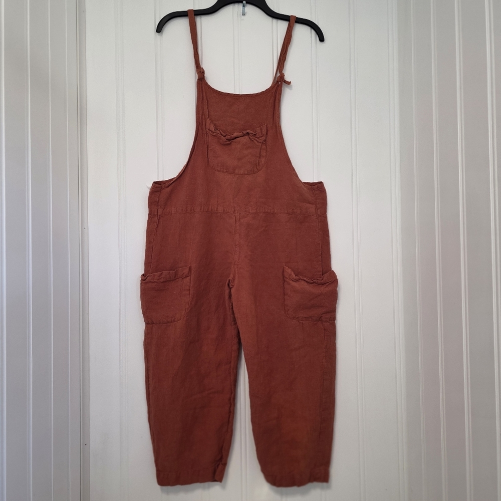 Rust Orange Women's Linen Blend Overalls Jumpsuit